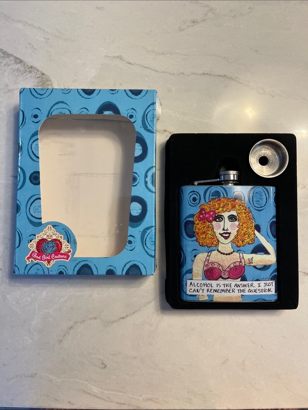 Stainless steel Decorative Flask Featuring Curly Blonde Illustration